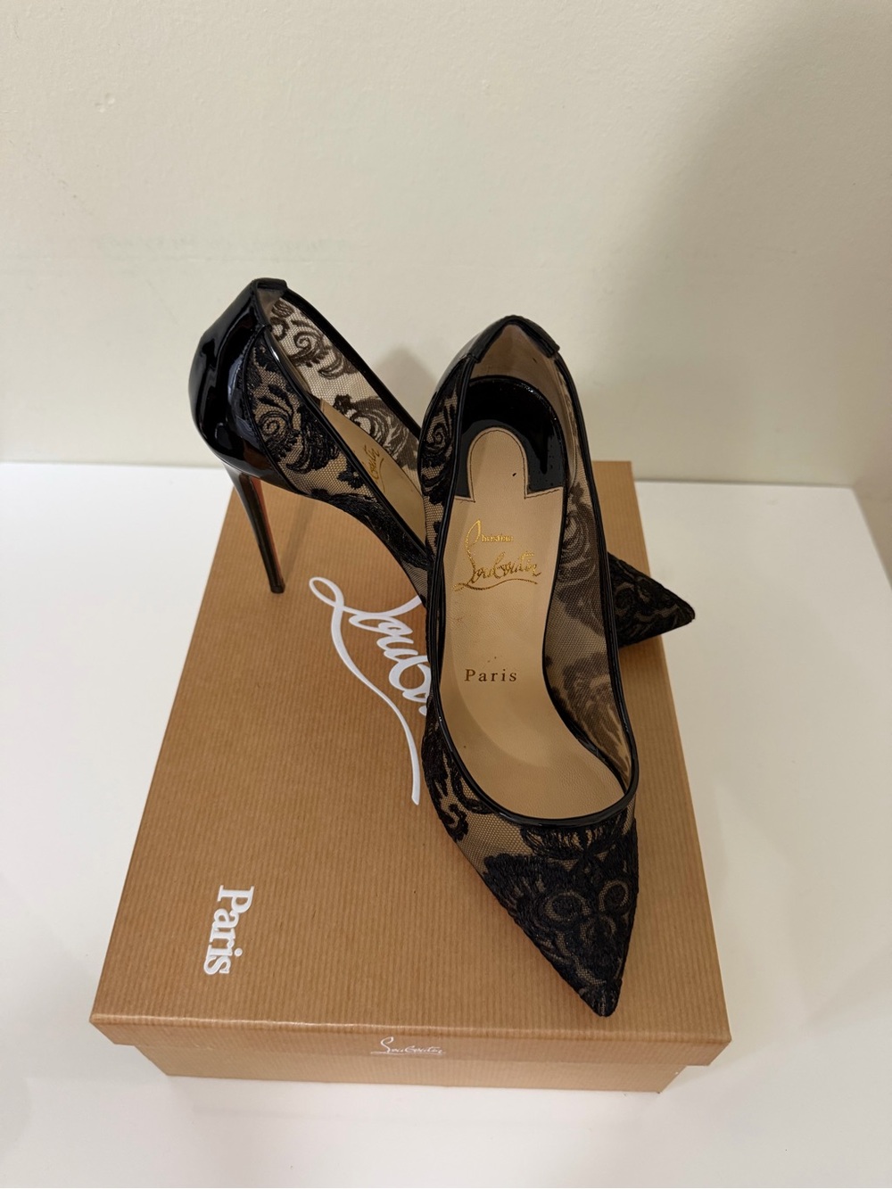 Christian Louboutin Black Lace & Patent Pointed-Toe Stilettos